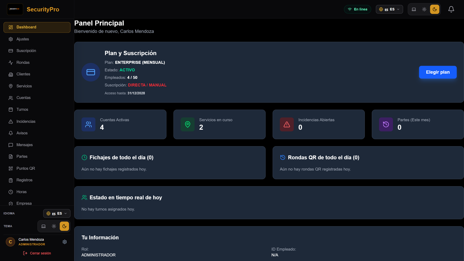 Panel administrativo de SecurityPro con metricas de servicios